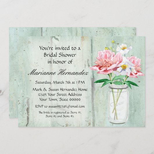 素朴な国のメーソンジャーのシャクヤクのケシの花束のピンク 招待状 (正面/裏面)