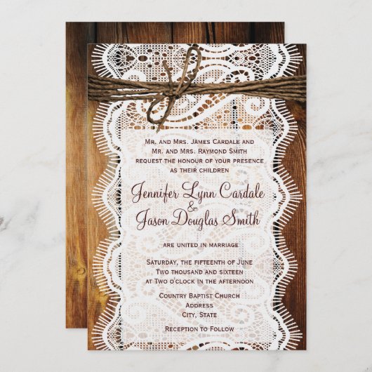素朴な国のレースの麻ひもの木製の結婚式の招待 招待状 (正面/裏面)