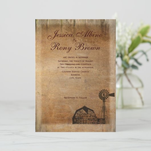 素朴な国のヴィンテージのキャンバスの木製の納屋の風車 招待状 (スタンド正面)