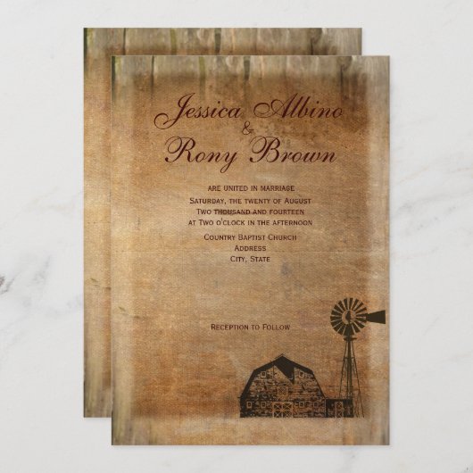 素朴な国のヴィンテージのキャンバスの木製の納屋の風車 招待状 (正面/裏面)