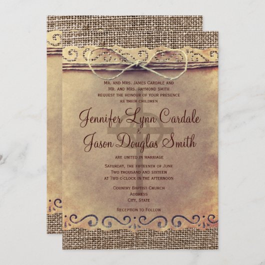 素朴な国のヴィンテージのバーラップの結婚式招待状 招待状 (正面/裏面)