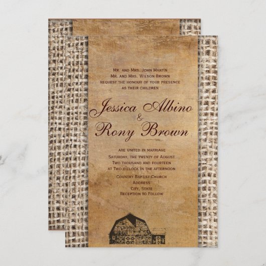 素朴な国のヴィンテージの納屋のバーラップ 招待状 (正面/裏面)