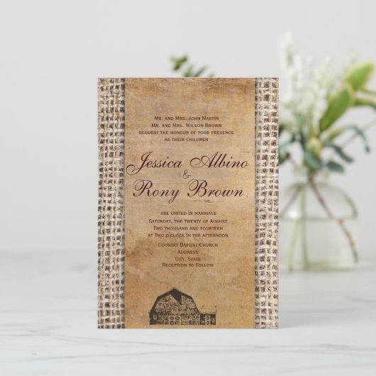 素朴な国のヴィンテージの納屋のバーラップ 招待状 (スタンド正面)