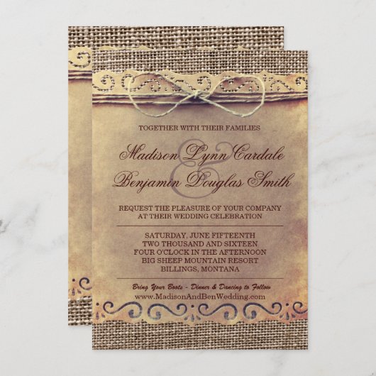 素朴な国のヴィンテージの紙のバーラップの結婚式の招待 招待状 (正面/裏面)