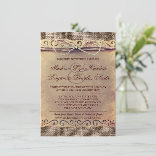 素朴な国のヴィンテージの紙のバーラップの結婚式の招待 招待状 (スタンド正面)