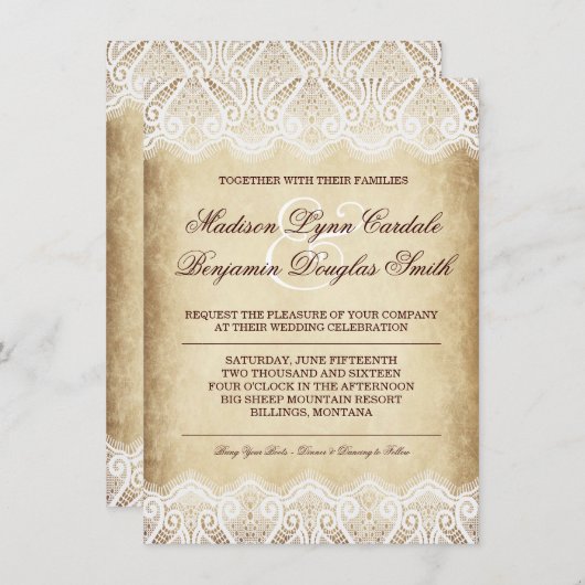 素朴な国のヴィンテージの紙のレースの結婚式の招待 招待状 (正面/裏面)