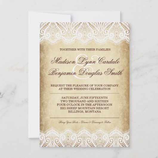 素朴な国のヴィンテージの紙のレースの結婚式の招待 招待状 (正面)