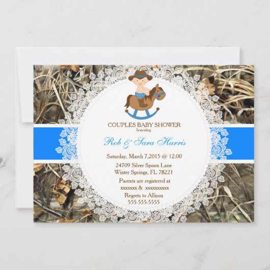 素朴な国のヴィンテージの迷彩柄のベビーシャワーの招待 招待状 (正面)