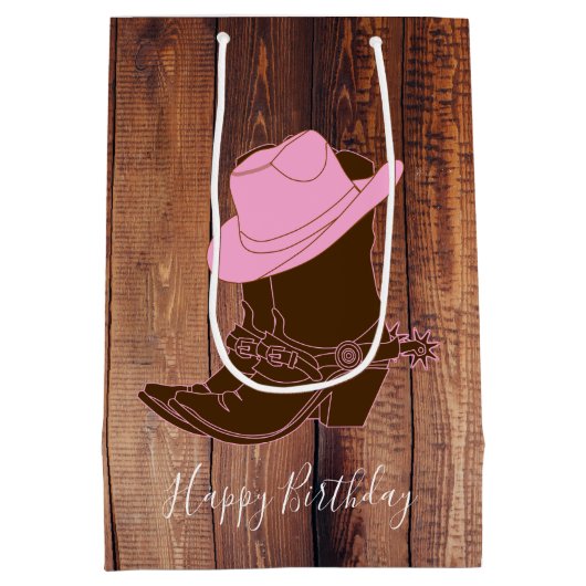 素朴な国の女性のカーボーイのブーツ及び帽子の納屋木板 ミディアムペーパーバッグ (裏面)