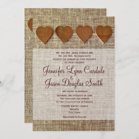素朴な国の木のハートのバーラップの結婚式の招待 招待状 (正面/裏面)
