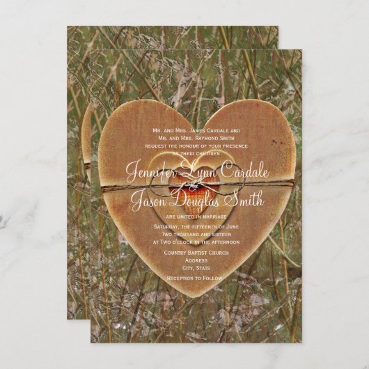 素朴な国の木のハートの迷彩柄の結婚式の招待 招待状 (正面/裏面)
