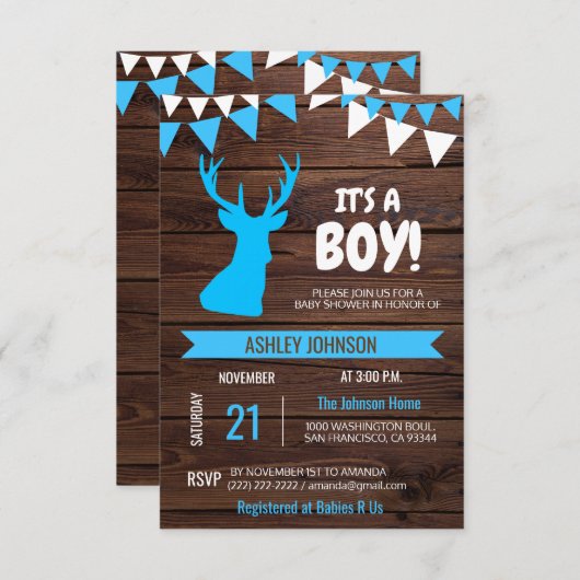 素朴な国の木びき台のシカの男の子のベビーシャワーの招待 招待状 (正面/裏面)