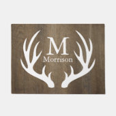 素朴な国の木製の白いシカの(雄ジカの)枝角の姓 ドアマット (正面)