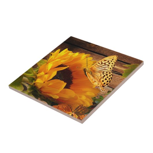 素朴な国の秋のヒマワリの蝶群葉 タイル (側面)