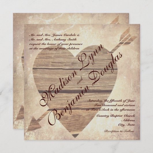 素朴な国の納屋の木製のハートの結婚式招待状 招待状 (正面/裏面)