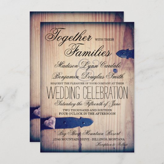 素朴な国の納屋の木製の掛け金の結婚式招待状 招待状 (正面/裏面)