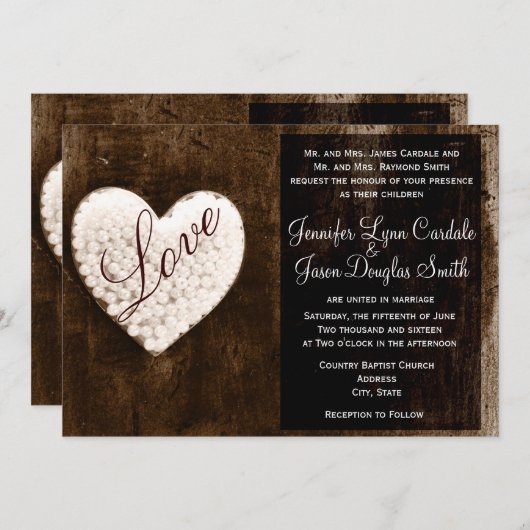 素朴な国の納屋招待を結婚する木製愛ハート 招待状 (正面/裏面)