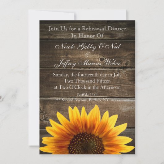 素朴な国の結婚式のヒマワリのリハーサルの夕食 招待状 (正面)