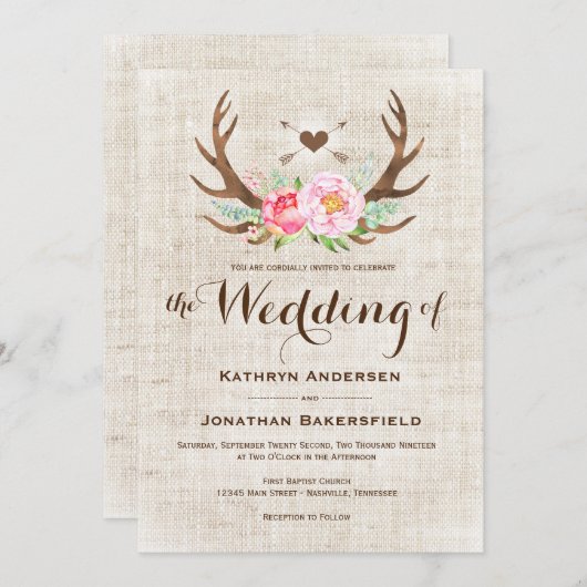 素朴な国の花の(雄ジカの)枝角の結婚式招待状 招待状 (正面/裏面)