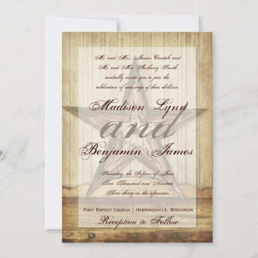 素朴な国の西部の木製の星の結婚式の招待 招待状 (裏面)