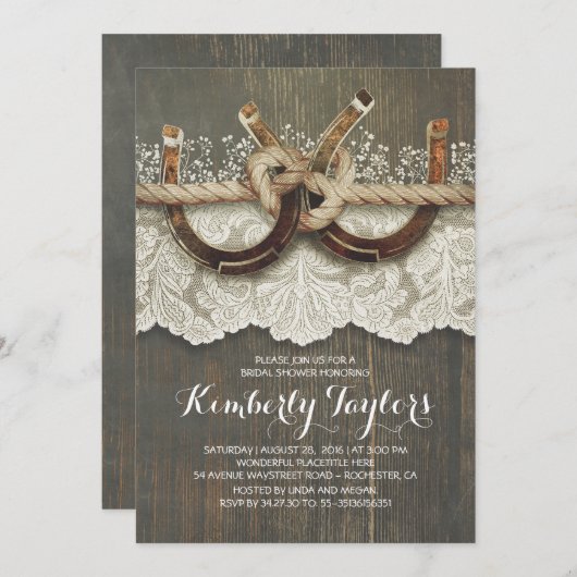 素朴な国の蹄鉄およびレースのブライダルシャワー 招待状 (正面/裏面)