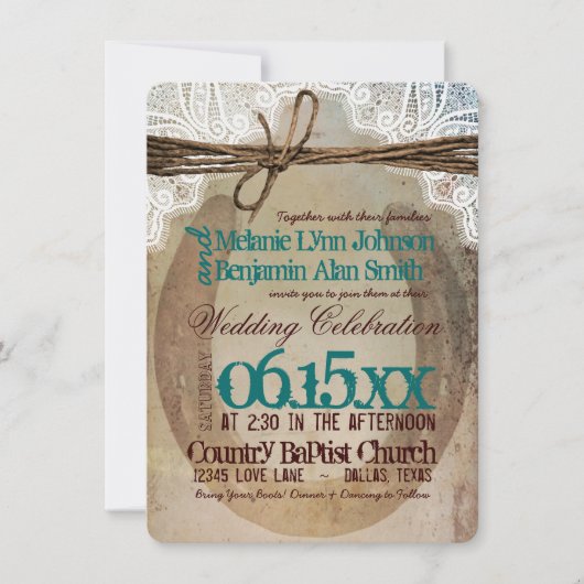 素朴な国の蹄鉄のティール(緑がかった色)の結婚式招待状 招待状 (正面)