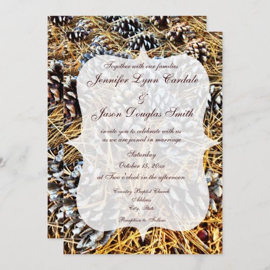 素朴な国の迷彩柄のマツ円錐形の結婚式招待状 招待状 (正面/裏面)