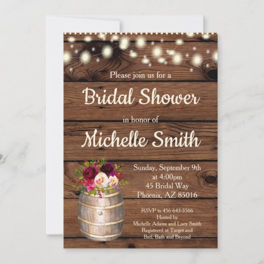 素朴な国のBohoバーガンディのバレルのブライダルシャワー 招待状 (正面)