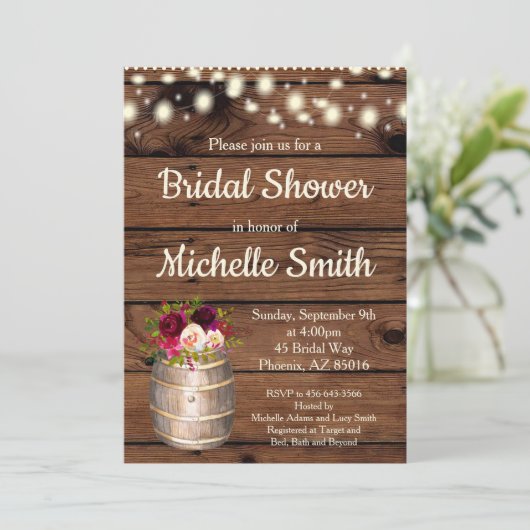 素朴な国のBohoバーガンディのバレルのブライダルシャワー 招待状 (スタンド正面)