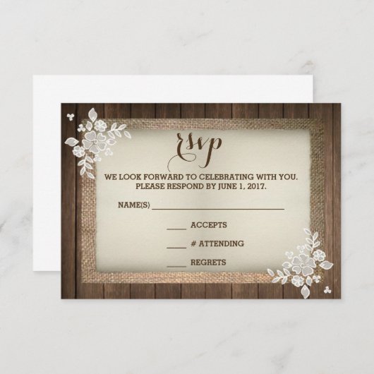 素朴な国のRSVPカードを結婚する木製のバーラップのレース 出欠カード (正面/裏面)