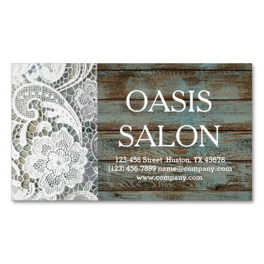 素朴な国エレガントのホワイトレースブルーの納屋の木 マグネット名刺 (正面)