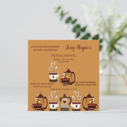 素朴な土鍋の午後の紅茶パーティー ブライダルシャワー 招待状 (スタンド正面)