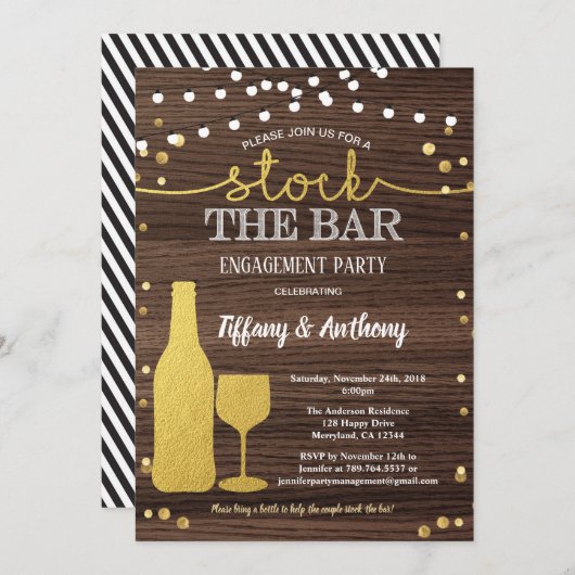 素朴な在庫バーの婚約パーティの金ゴールド 招待状 (正面/裏面)