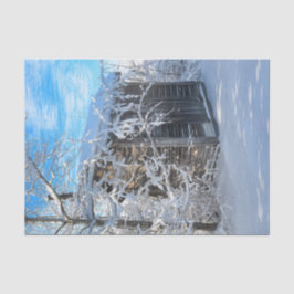 素朴な地方の木製小屋と冬の雪景色 薄葉紙