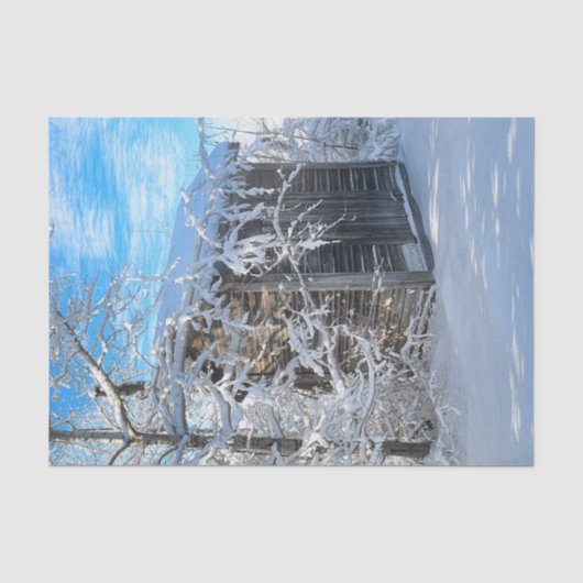 素朴な地方の木製小屋と冬の雪景色 薄葉紙 (正面)