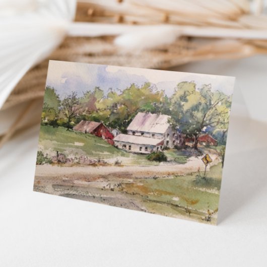 素朴な地方の道の農場 水彩画の風景 サンキューカード