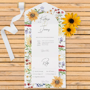 素朴な夏の野の花 向日葵 白のディナー オールインワン招待状