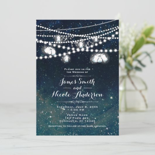 素朴な夜の空のメイソンジャー照明 ウェディング 招待状 (スタンド正面)