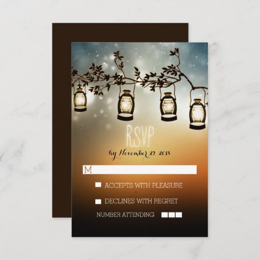 素朴な夜は- RSVPカードを結婚するランタンをつけます 出欠カード (正面/裏面)