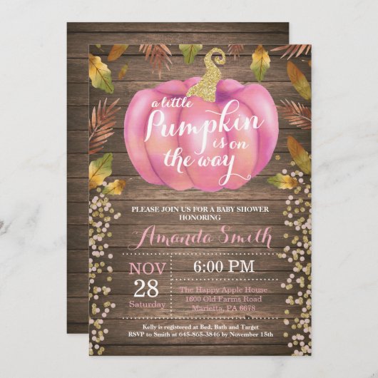 素朴な女の子のカボチャ秋のベビーシャワーの金ゴールドのグリッター 招待状 (正面/裏面)
