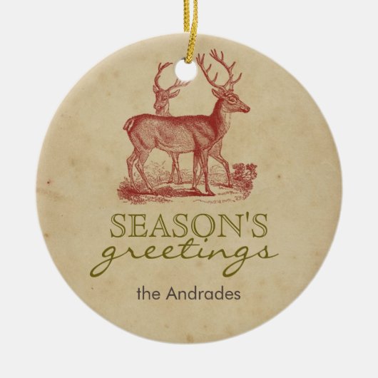 素朴な季節の挨拶のヴィンテージのクリスマスのシカ セラミックオーナメント (正面)