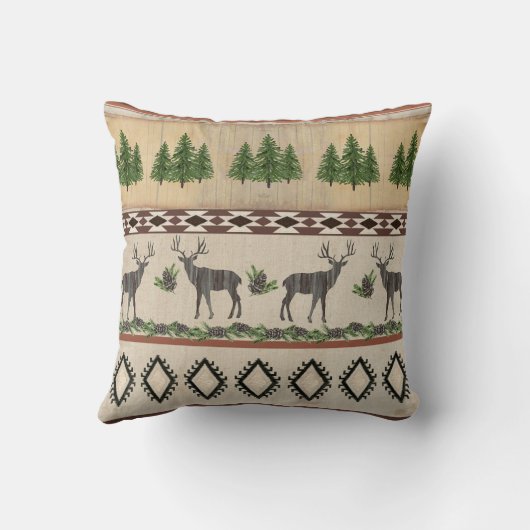 素朴な小屋のシカのシルエットのマツ種族パターン クッション (裏面)