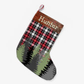 素朴な小屋の森の森林格子縞の名前をカスタムする スモールクリスマスストッキング (正面 (吊り時))