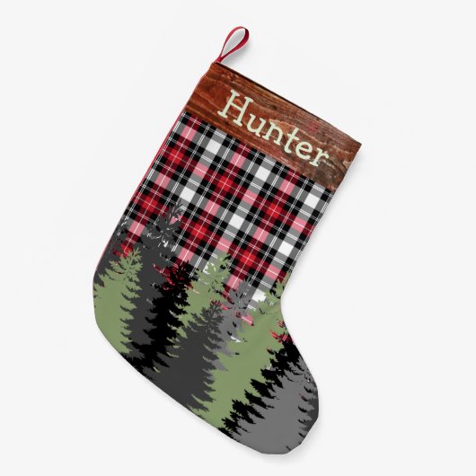 素朴な小屋の森の森林格子縞の名前をカスタムする スモールクリスマスストッキング (正面 (吊り時))
