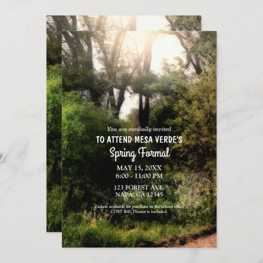 素朴な小径の花々に囲まれた魔法の森の春のフォーマル 招待状 (正面/裏面)