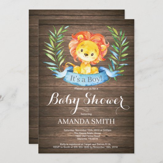 素朴な少年ライオンのベビーシャワー招待状 招待状 (正面/裏面)