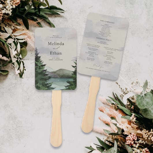 素朴な山と湖のエバーグリーンウェディングプログラム ハンドファン