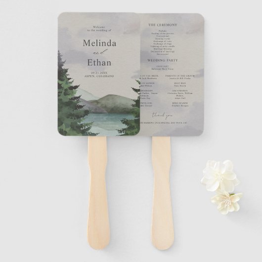 素朴な山と湖のエバーグリーンウェディングプログラム ハンドファン (正面&裏面)