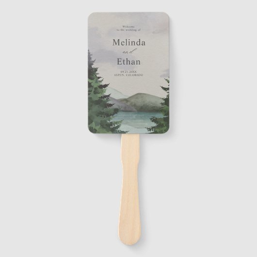 素朴な山と湖のエバーグリーンウェディングプログラム ハンドファン (正面)