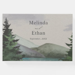 素朴な山と湖の常緑樹のウェディング ゲストブック